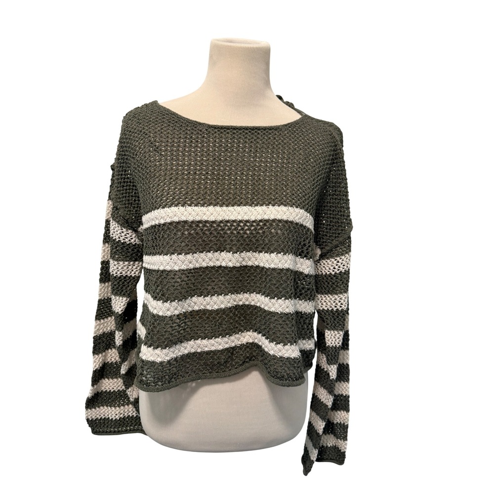 American Eagle Womens Large Olive Green Striped‎ Open Knit Tie Back Crop Sweater